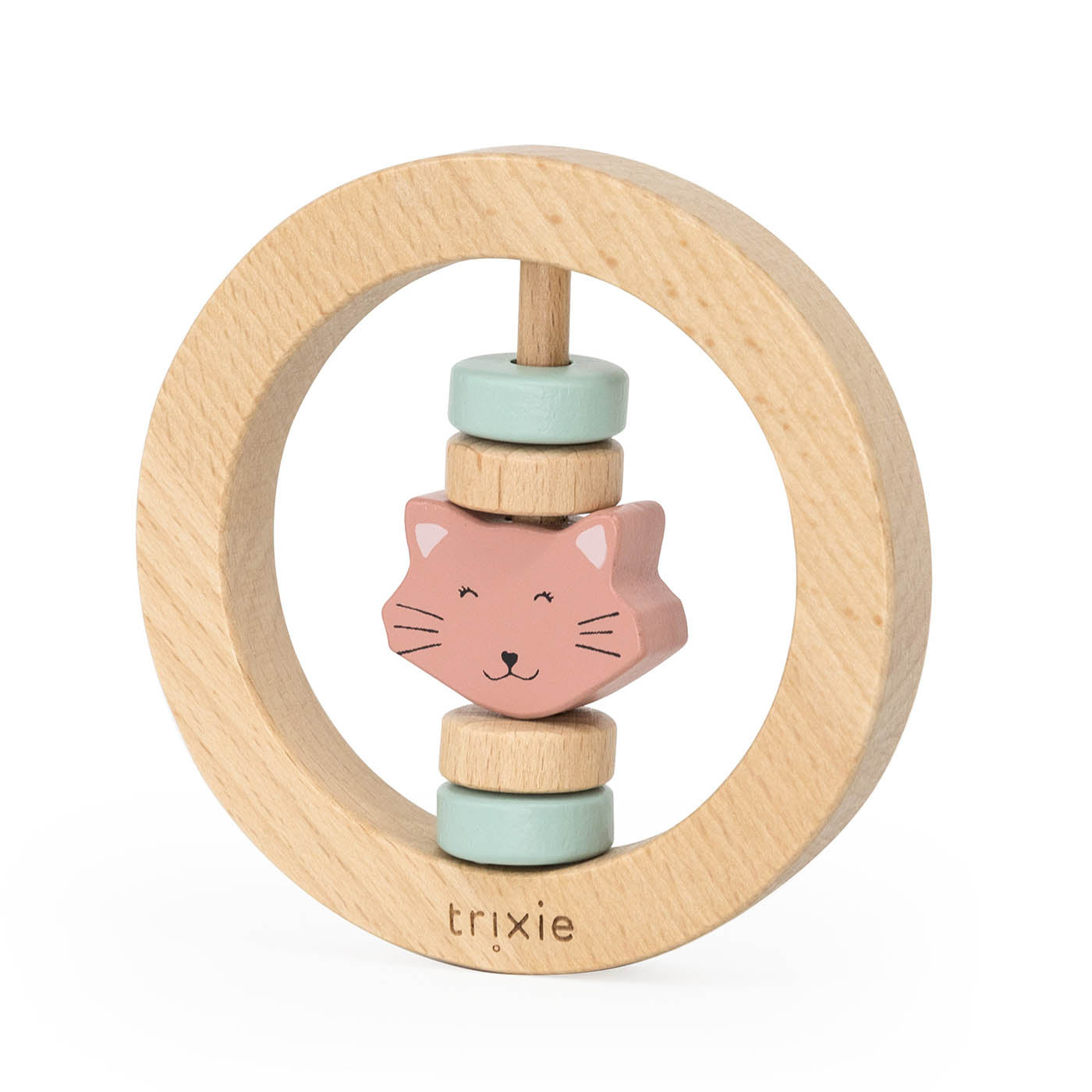 Personalized Engraved Wooden round rattle - Mrs. Cat