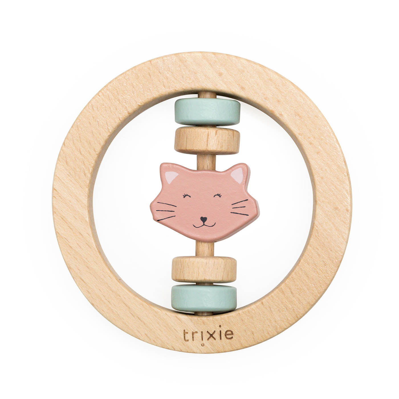 Personalized Engraved Wooden round rattle - Mrs. Cat