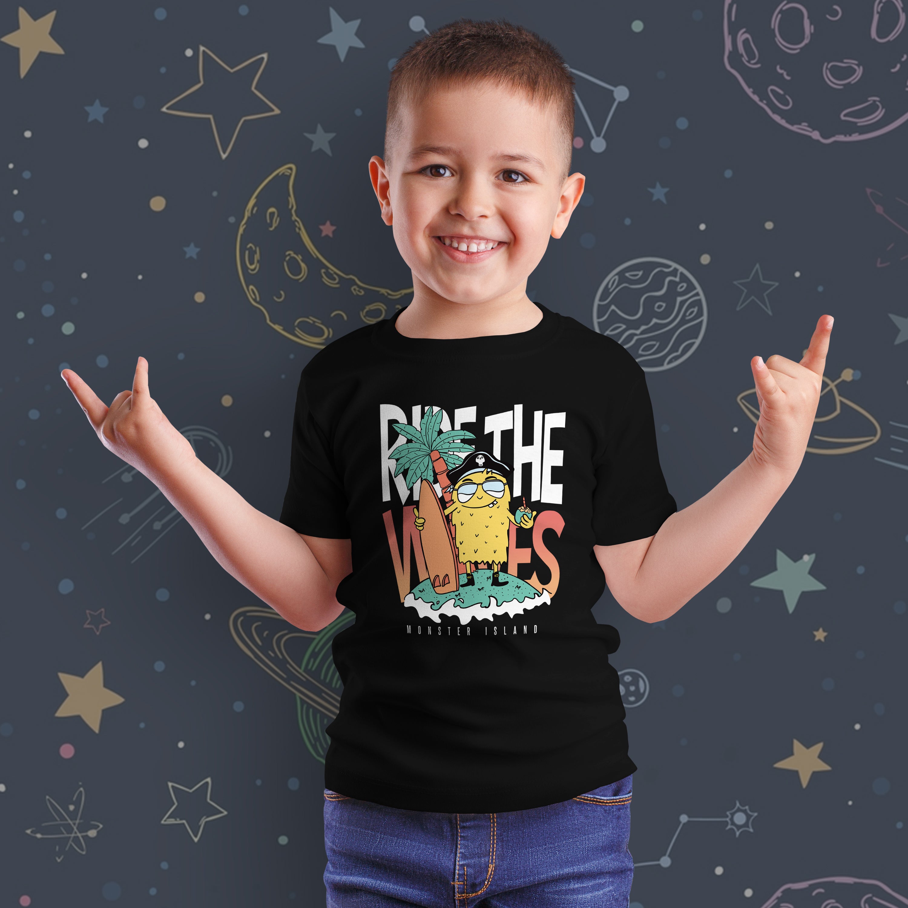 Kid T-Shirt Monster Ride The Waves