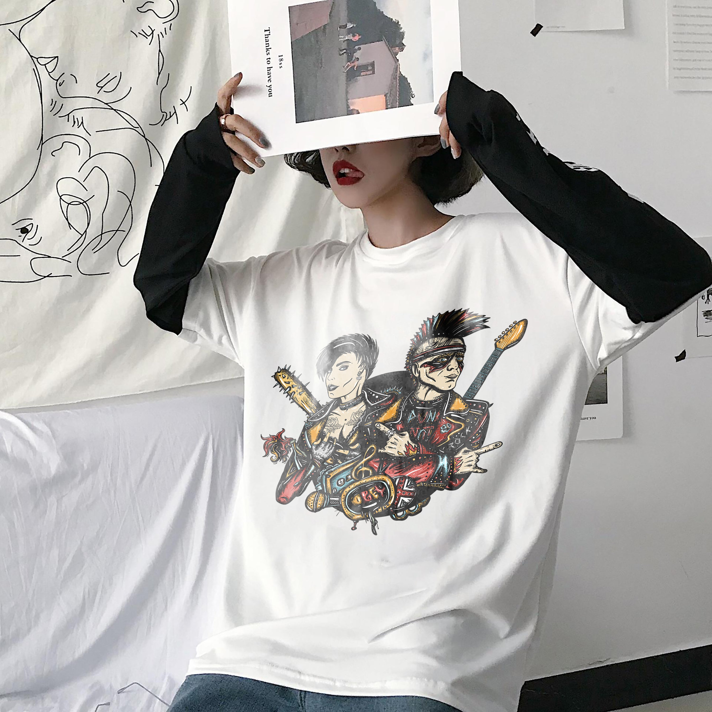 T-shirt musique unisexe Punker avec coiffure Mohawk