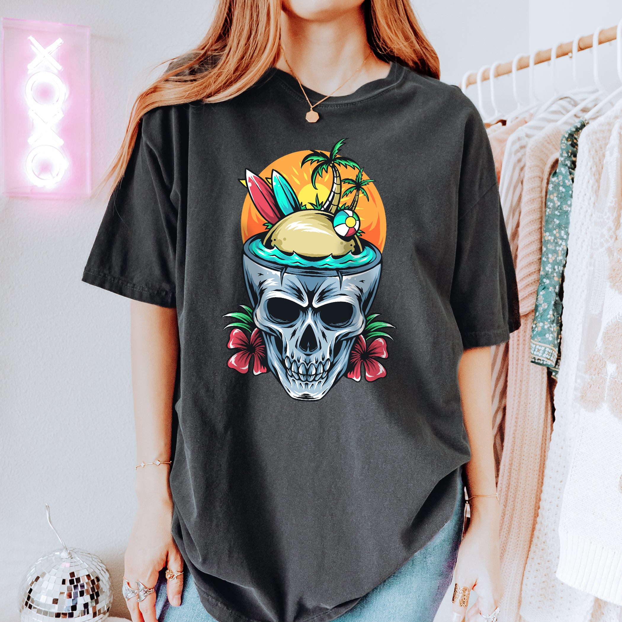 T-shirt d'été unisexe Skull Hawaii Beach