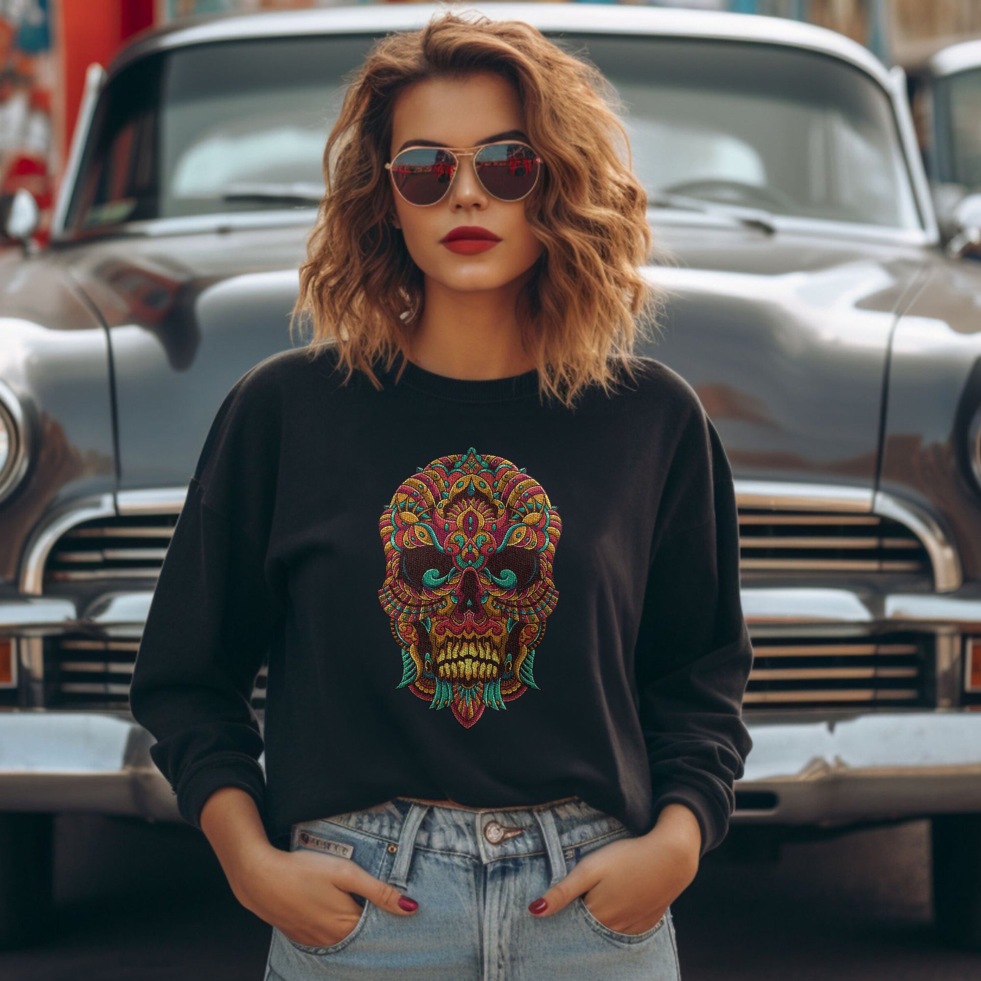 Embroidery sweatshirt Skull mandala zentangle