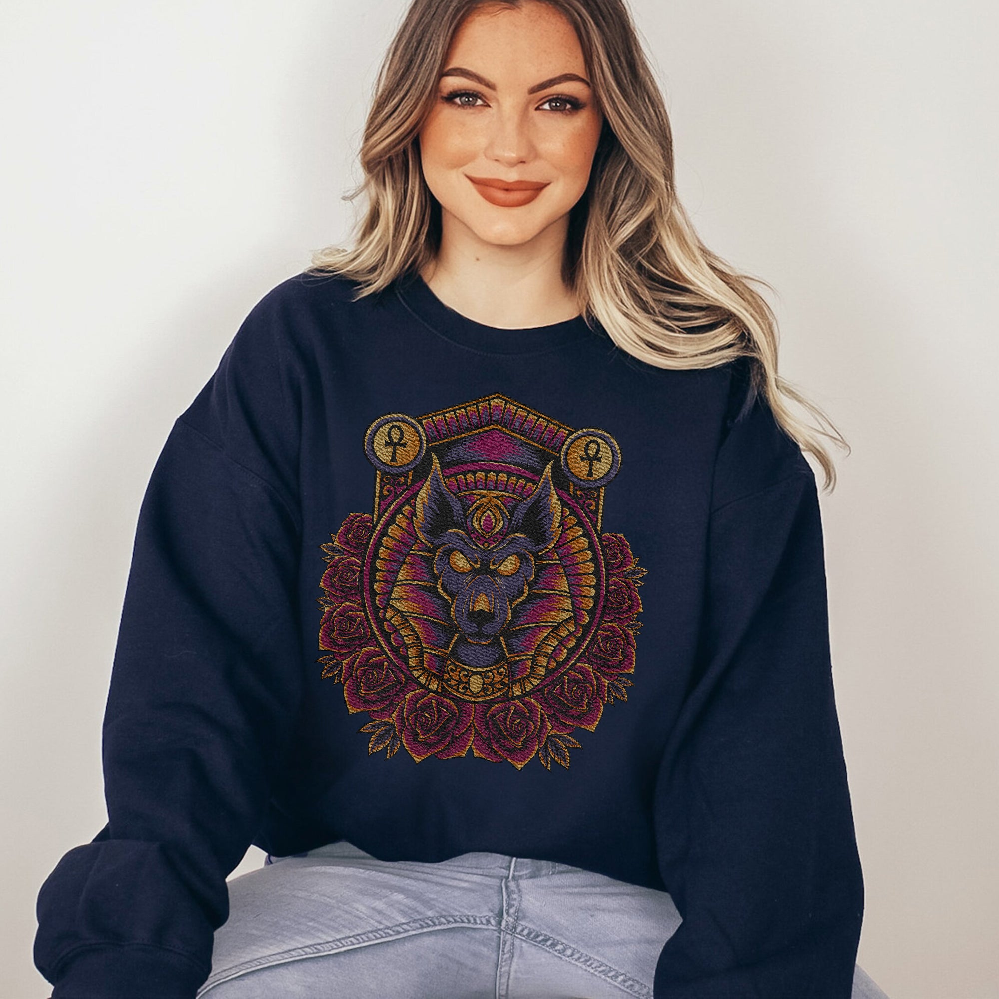 Embroidery sweatshirt Anubis Head With Rose Ornament