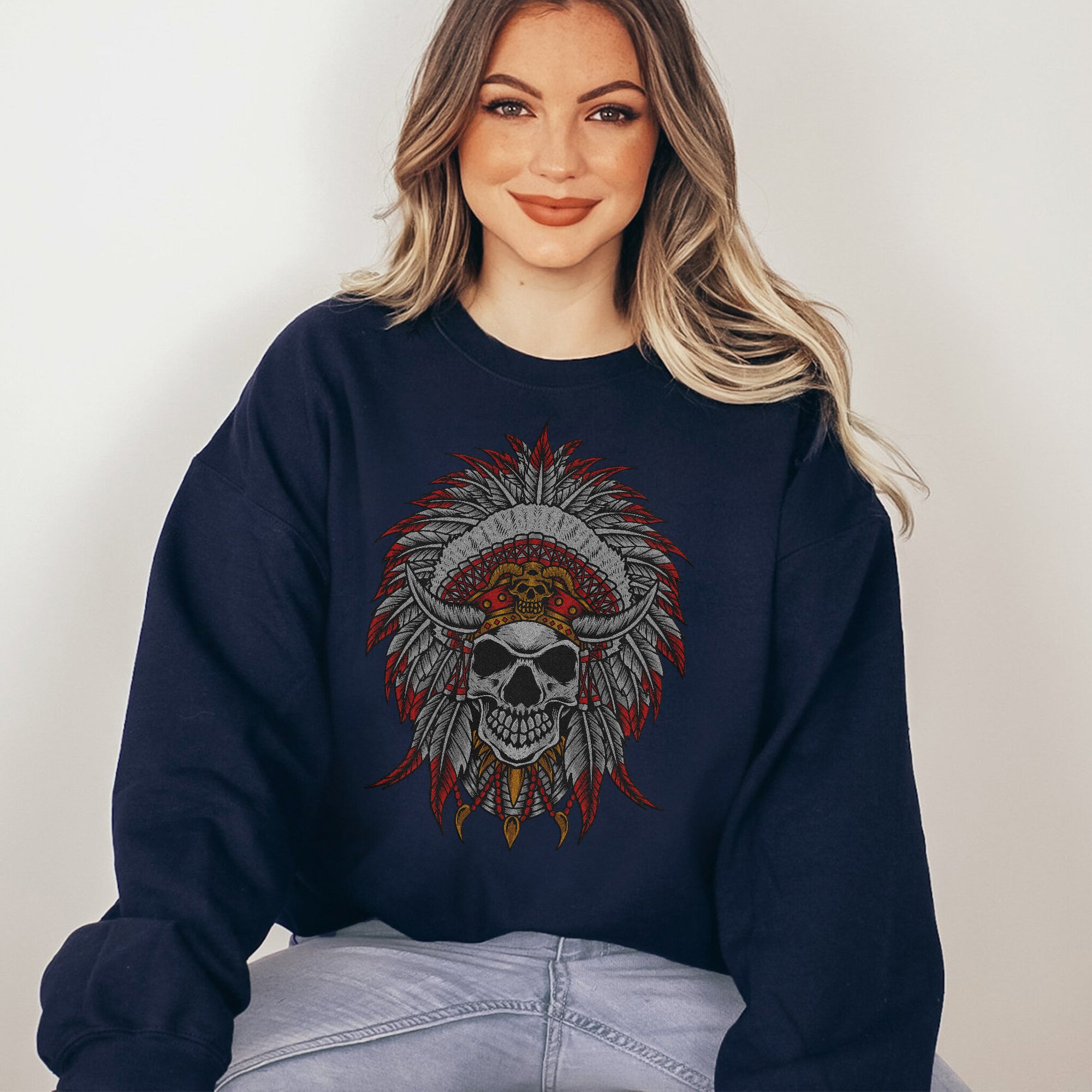 Embroidery sweatshirt Demon Skull Native American Indian With Feather Headdress