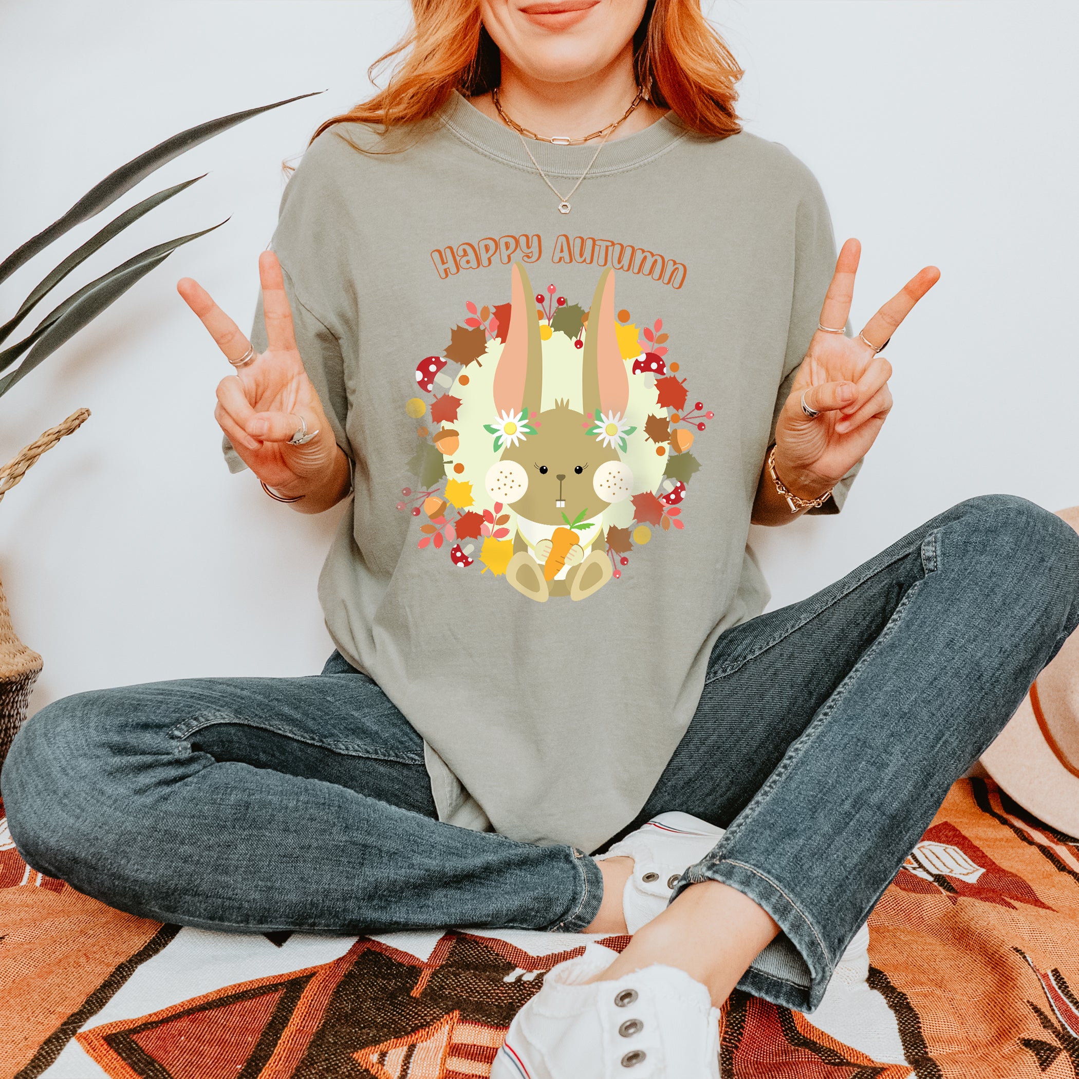 Autumn T-shirt Bunny in Wreath Holding a Carrot