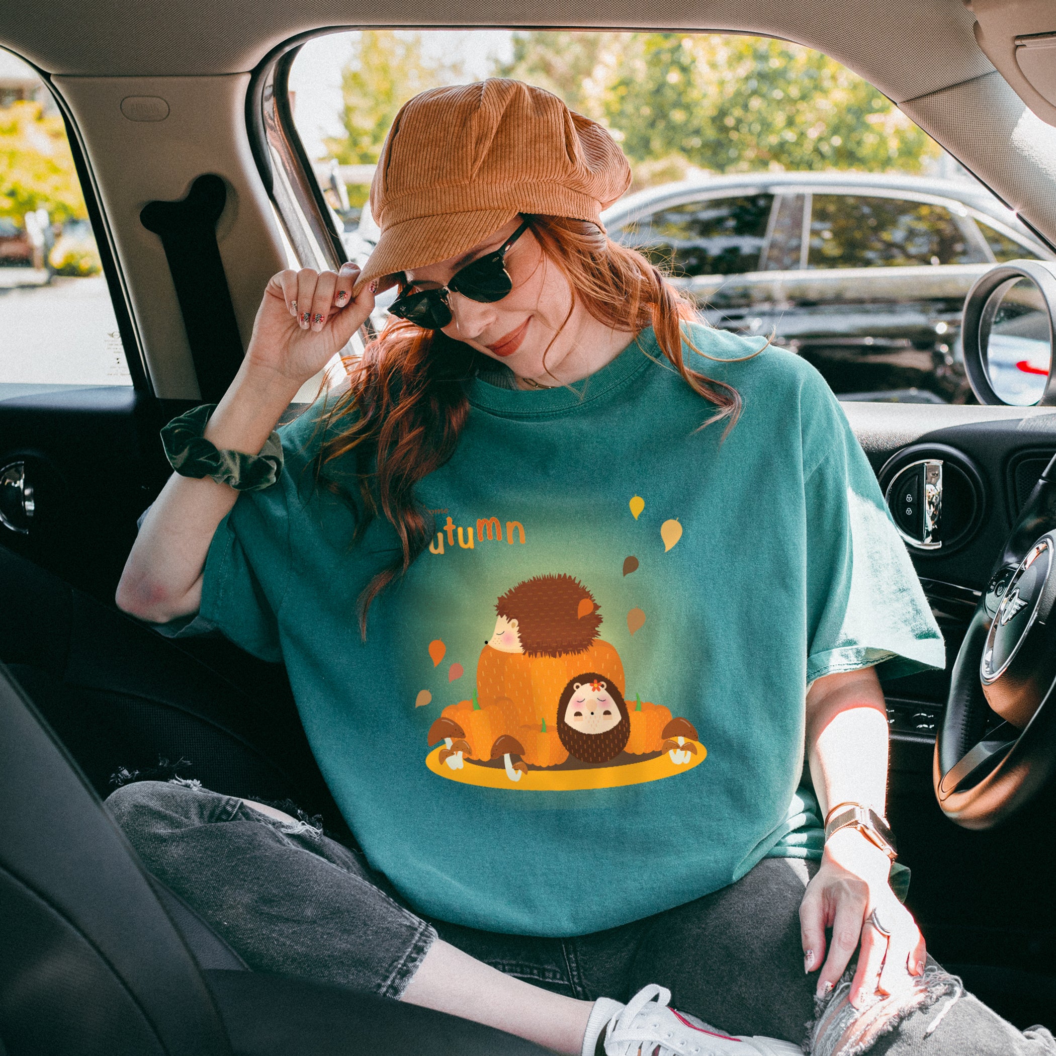 Autumn T-shirt Hedgehog Sleeps on Pumpkin