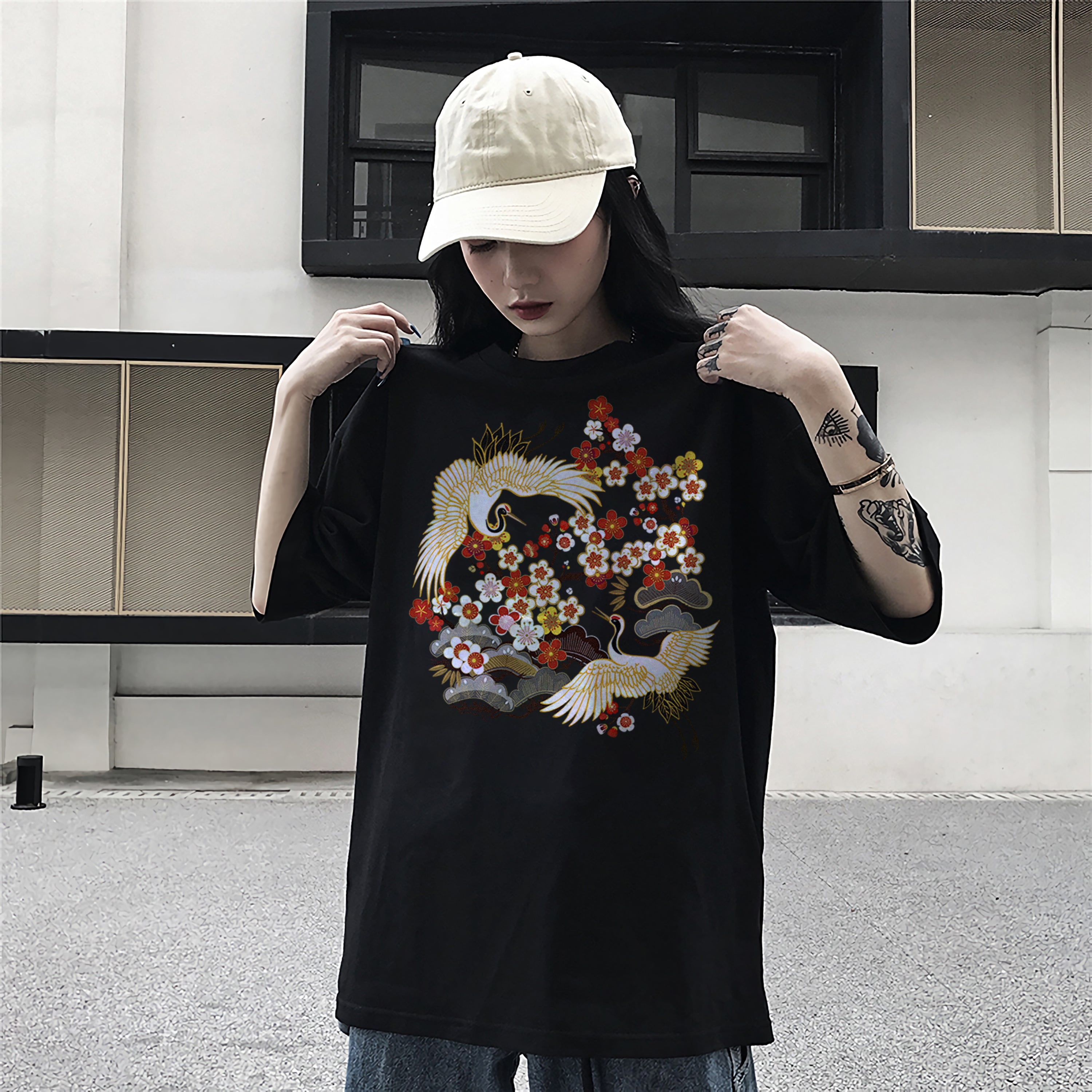 T-Shirt Style Japonais Grues Fleur du Japon