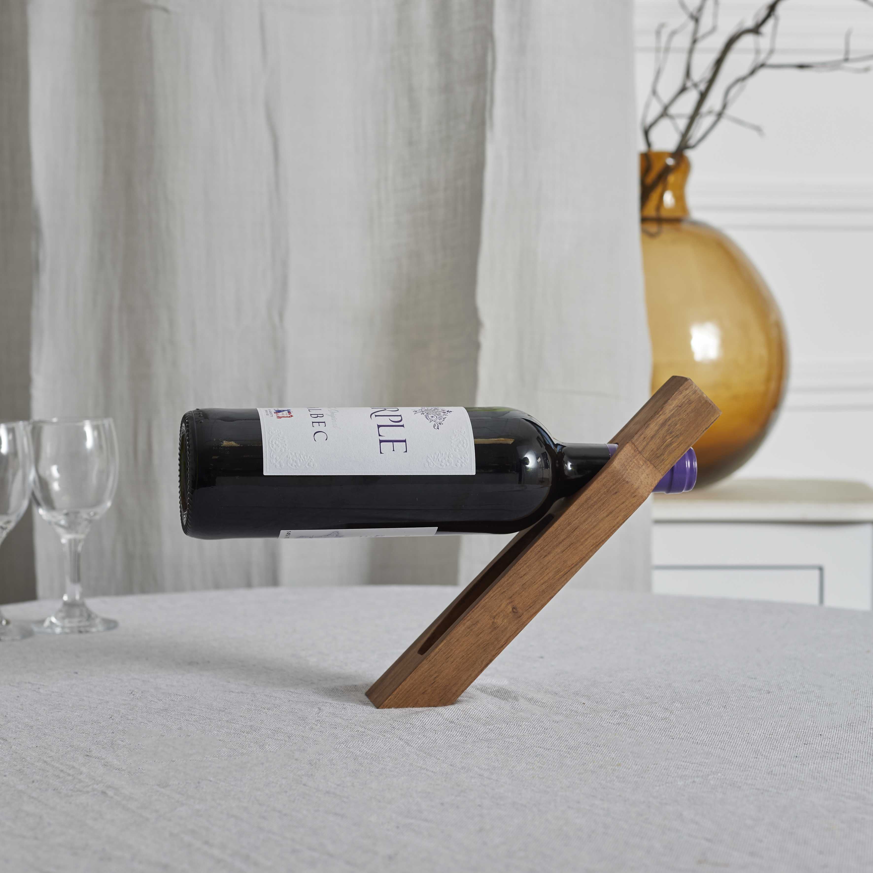 Support à Bouteille Personnalisable en Acacia avec Tire-Bouchon Intégré