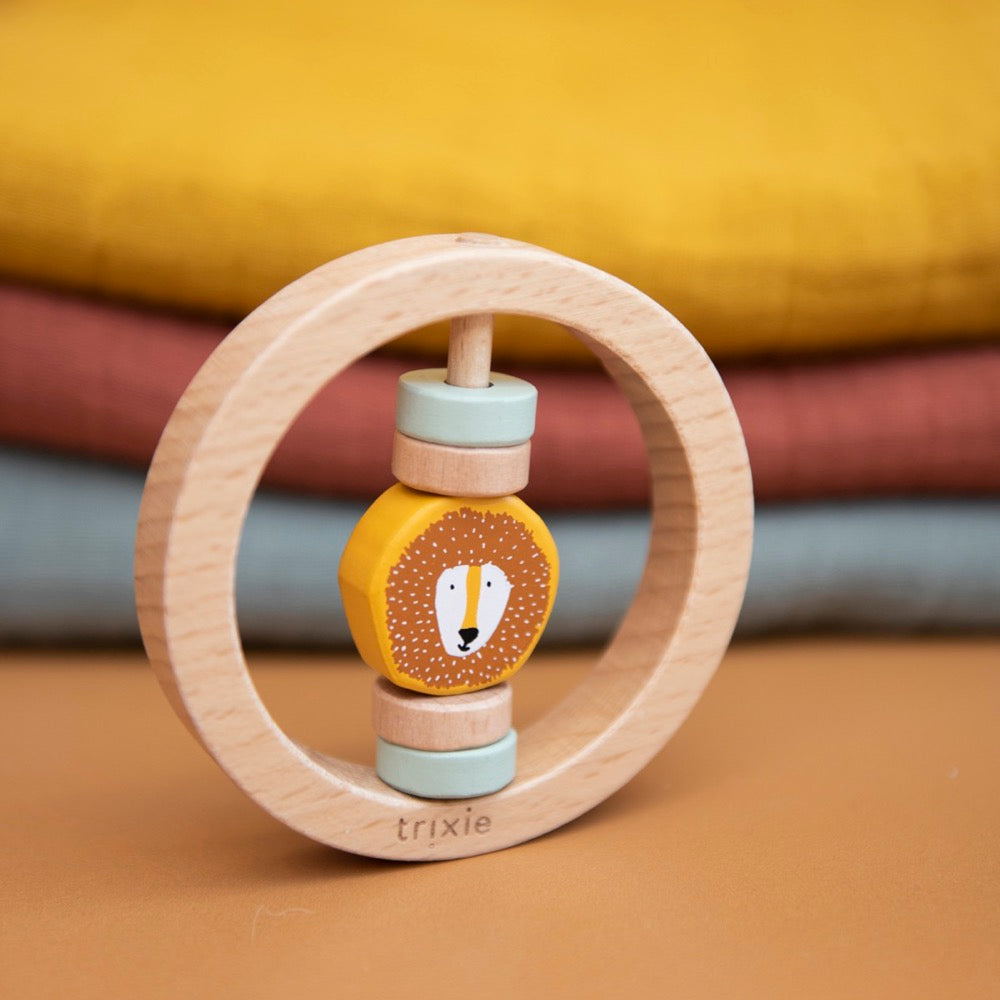 Personalized Engraved Wooden round rattle - Mr. Lion