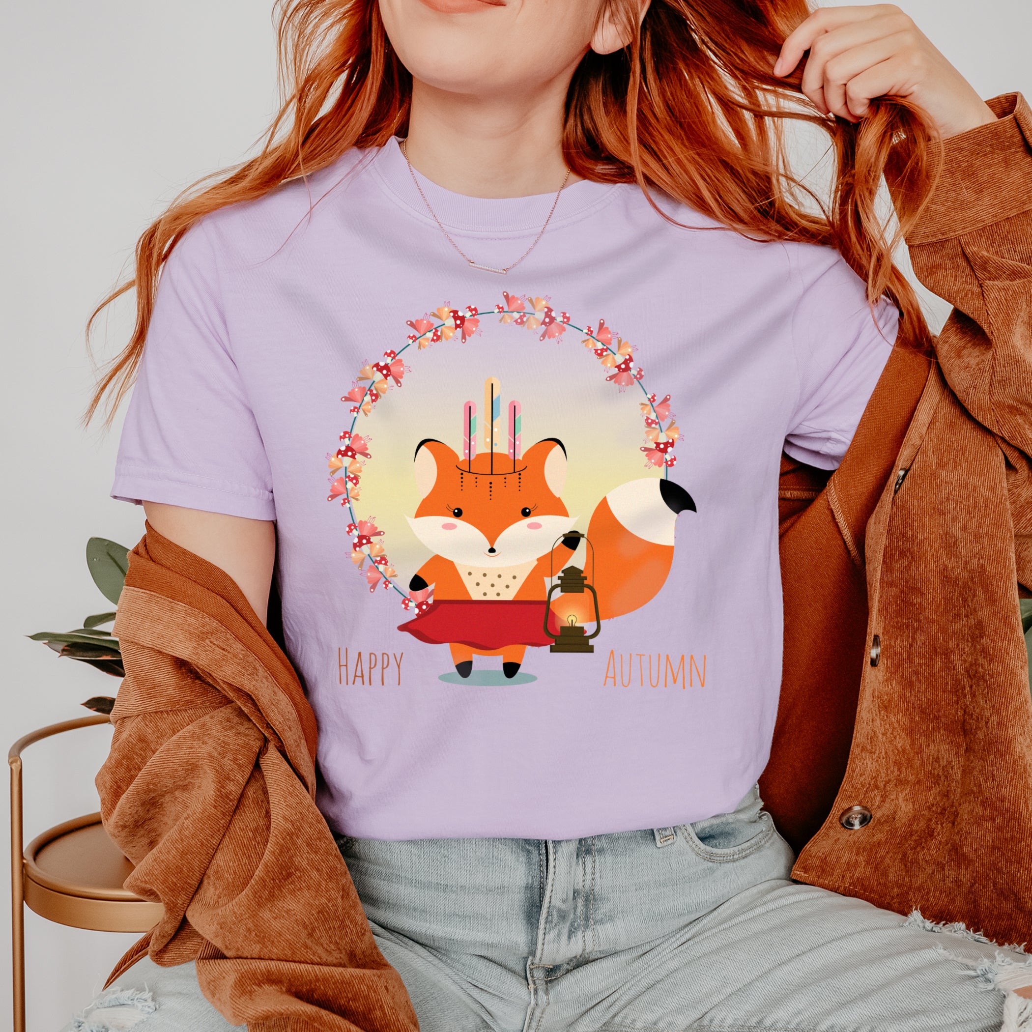 Autumn T-shirt Little Fox Holding A Lantern