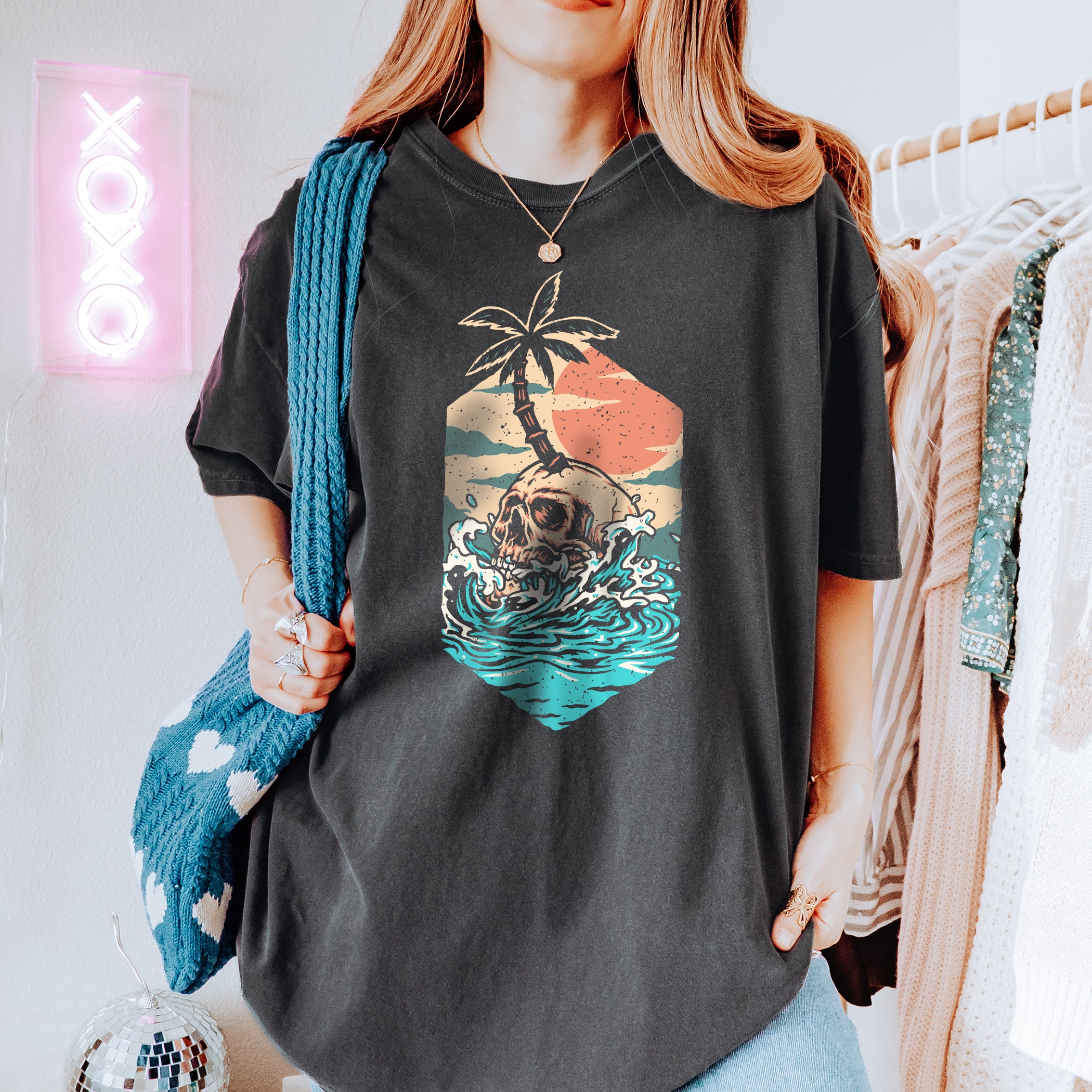 T-shirt d'été unisexe Skull Waves Beach