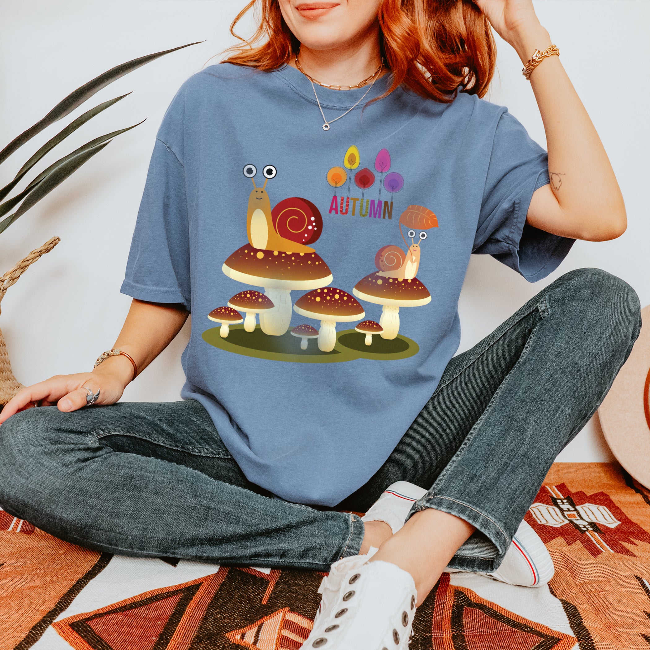 Autumn T-shirt Snails Standing on Mushrooms