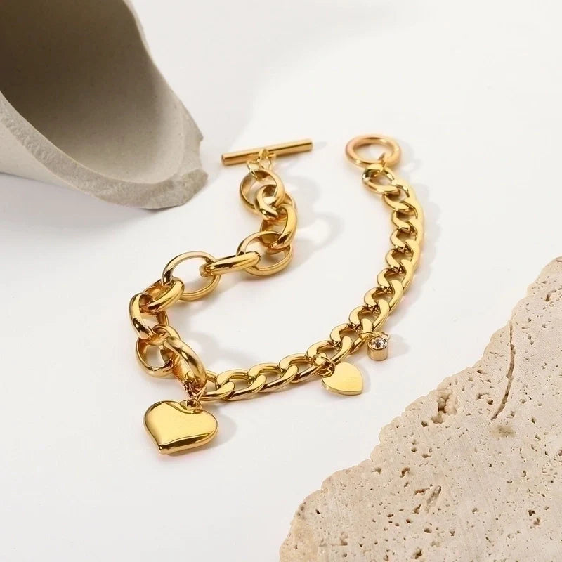 Gold plated stainless steel heart chain bracelet