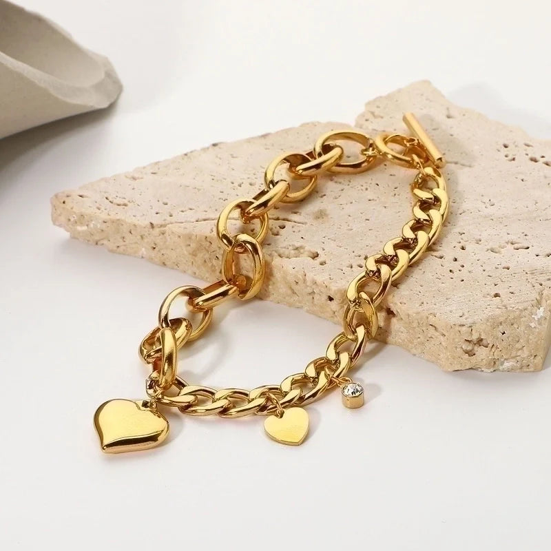 Gold plated stainless steel heart chain bracelet