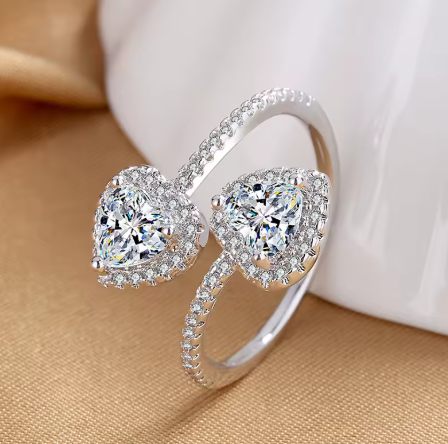 925 Sterling Silver Adjustable Ring Double Hearts